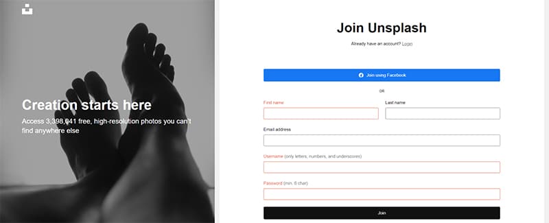 Unsplash 註冊會員頁面。